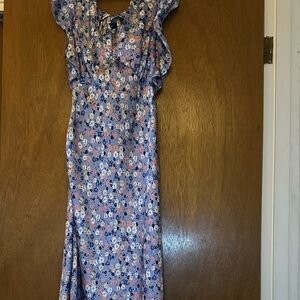 Altar'd State Blue and Pink Ruffled Maxi Dress with Slit